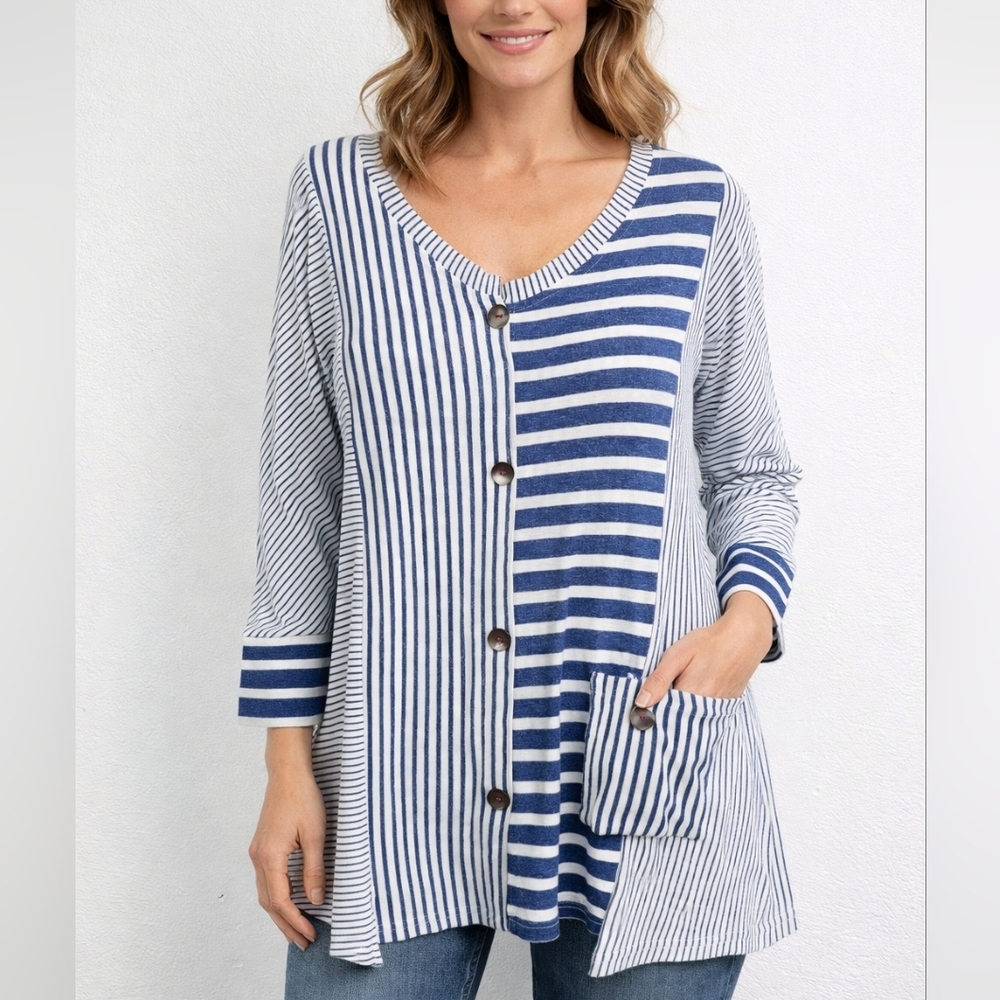 Parsley & Sage Knit Tunic Top Blue White Vertical/Horizontal Stripe Sz L Artsy